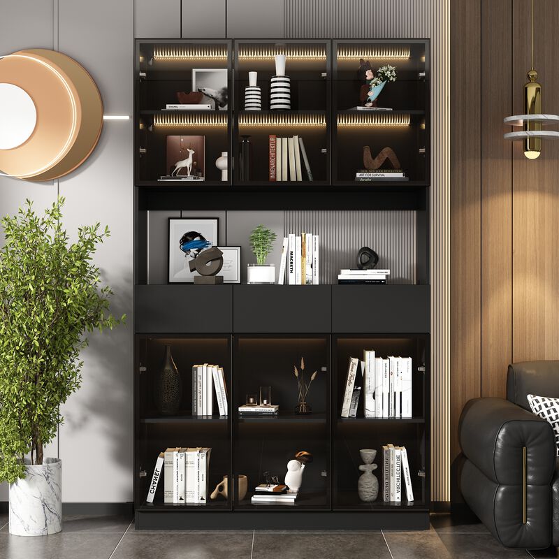 Black Wood 47.2 in. W Buffet Food Pantry W/Hutch, Glass Doors, Adjustable Shelves, LED Lights (14.2 in. D x 78.7 in. H)