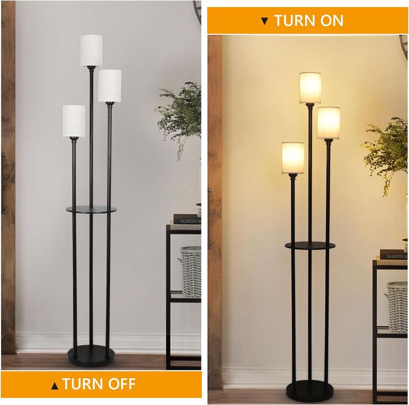 Floor Lamp with Shelves, Modern Floor Lamps for Living Room, 3-Lights Standing Lamp with Linen Shade and Foot Switch, Industrial Standing Lamps for Bedroom, Black Tall Table Lamp for Office