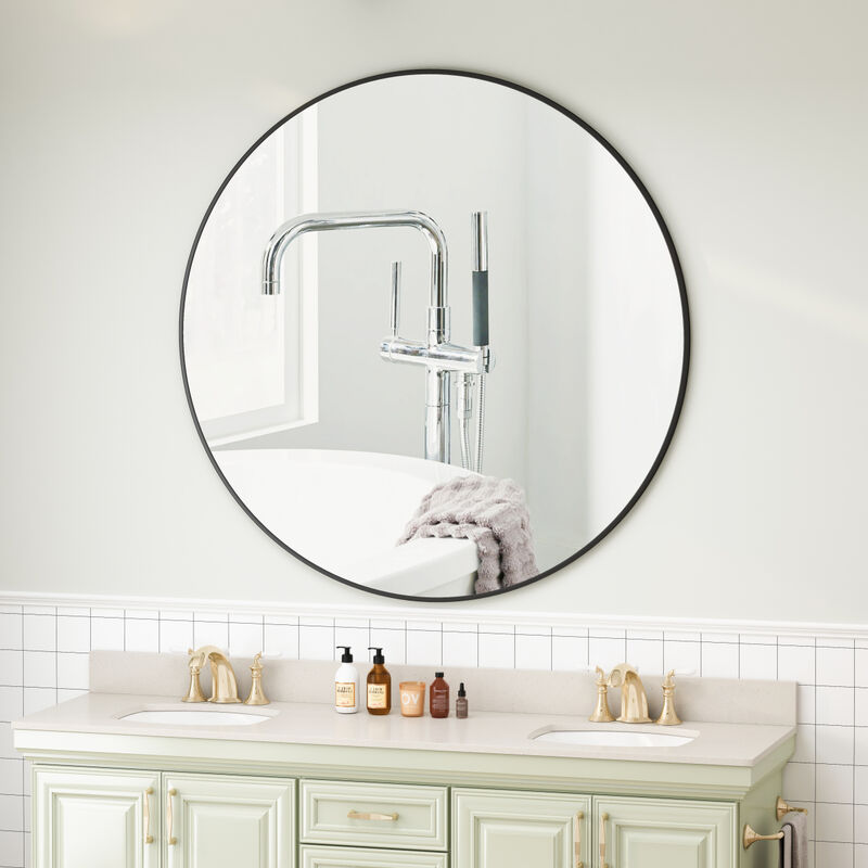 42" Wall Mounted Black Circular Mirror, For Bathroom, Living Room, Bedroom Wall Decor