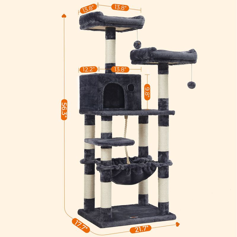 Multi-Level Cat Tree – 56.3-Inch with Sisal Scratching Posts and Plush Perches