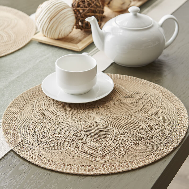 Set of 6 Tan Brown Woven Floral Round Placemat 15"
