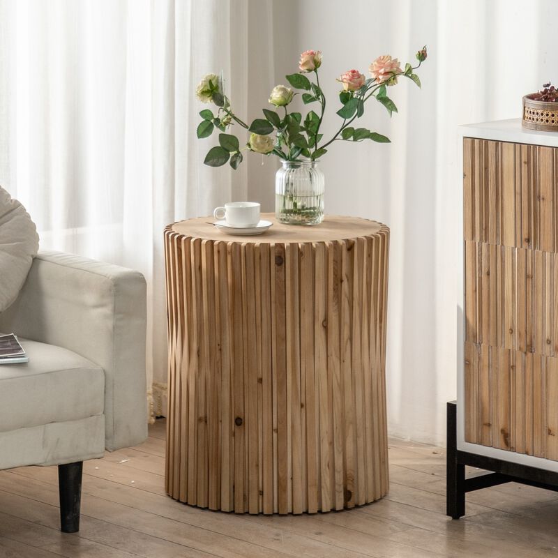 Retro Fashion Style Cylindrical Coffee Table With Vertical Texture Relief Design, Suitable