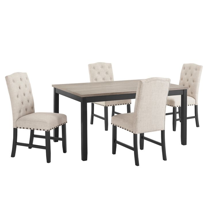 Phy 5pc Dining Table and Chairs Set, Nailheads, Tufted Beige, Brown, Black - Benzara