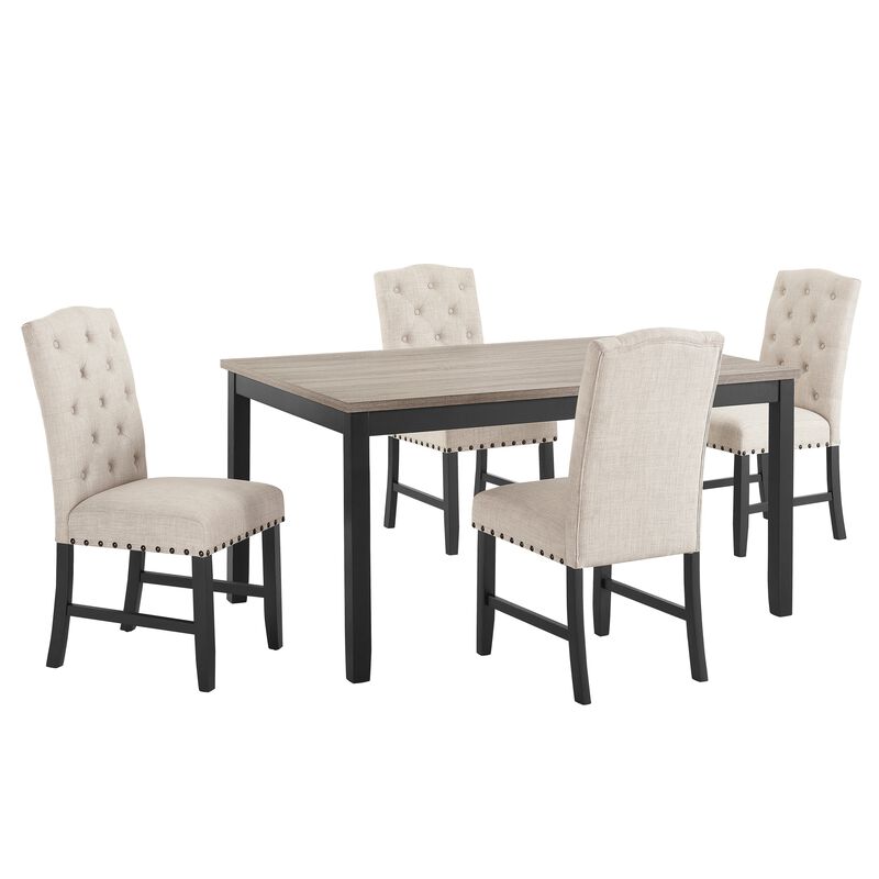 Phy 5pc Dining Table and Chairs Set, Nailheads, Tufted Beige, Brown, Black - Benzara