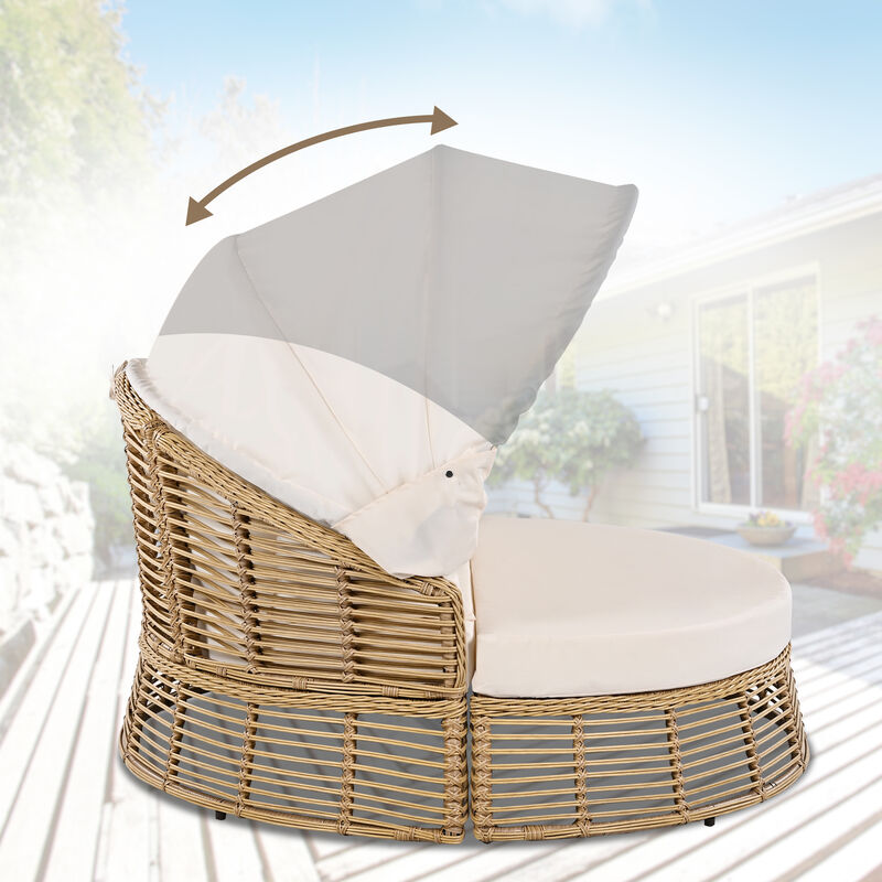 Whisen Outdoor Patio Rattan Round Daybed with Retractable Canopy, Poolside Sofa Sunbed with Removable Cushions - Beige