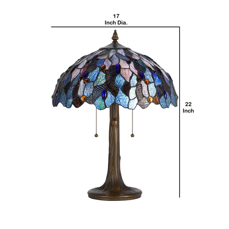 2 Bulb Tiffany Floor Lamp with Mosaic Design Shade, Multicolor-Benzara