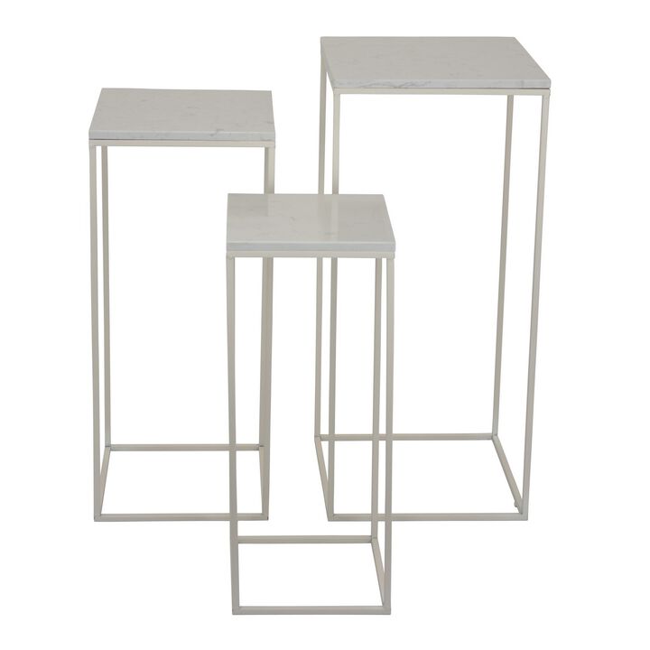 Plant Stand Table Set of 3, White Marble, Metal Frames, Square Tops - Benzara