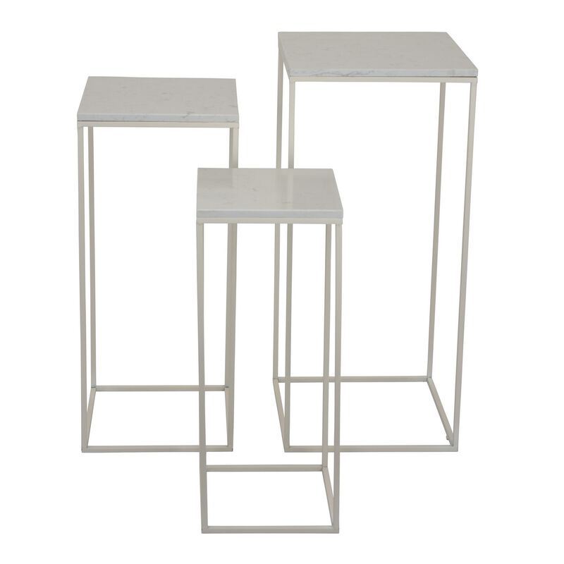 Plant Stand Table Set of 3, White Marble, Metal Frames, Square Tops - Benzara