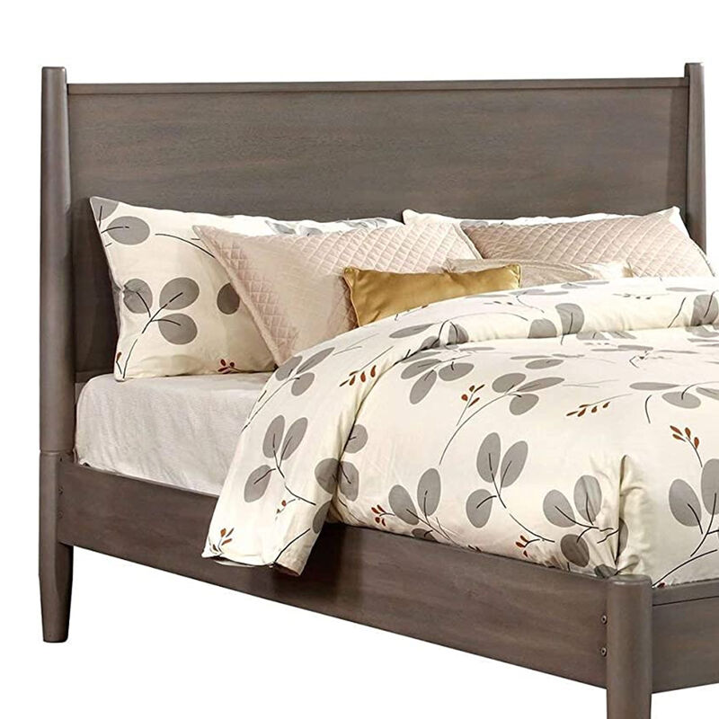 Mid Century Modern Wood Queen Bed with Round Tapered Legs, Gray-Benzara