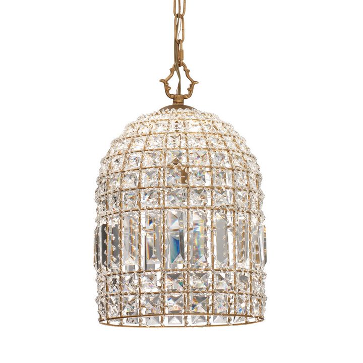 Pendant Chandelier with Dome Metal Frame and Crystal Accents, Gold-Benzara