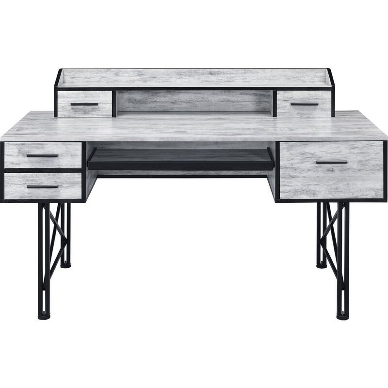 Computer Desk with 5 Drawers and Grains, Antique White and Black-Benzara