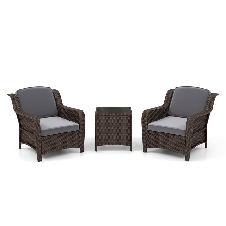 3 Pieces Outdoor Rattan Furniture Set with Cushions and Tempered Glass Coffee Table-Grey