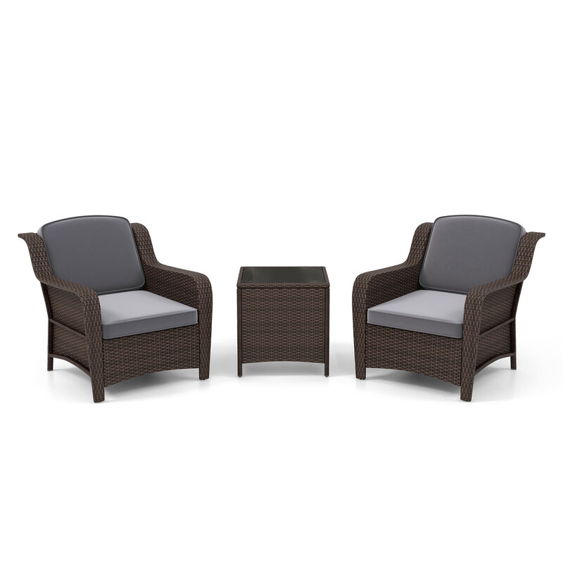 3 Pieces Outdoor Rattan Furniture Set with Cushions and Tempered Glass Coffee Table-Grey