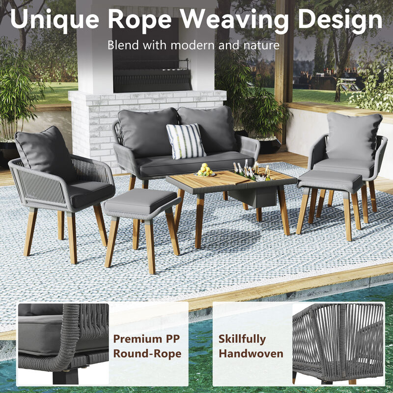 Unique Rope Woven Sofa Set with 2-in-1 Wood Cool Bar Table