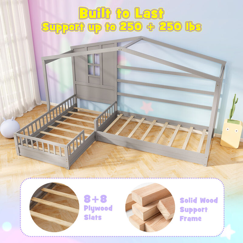 L-shaped Double House Platform Beds with Fences Corner Bed Frame