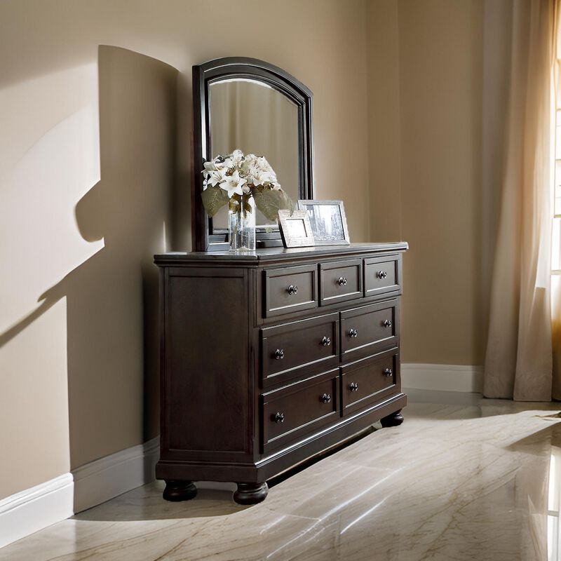 Traditional Style Wooden Frame Dresser Mirror with Curved Top, Black-Benzara