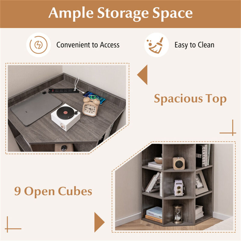 3-Tier Corner Cabinet with Built-In Charging Station & Storage Shelves