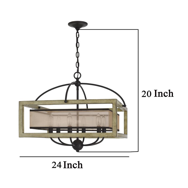 Acia 24 Inch Chandelier, Square Organza Shade, Wood, Metal  - Benzara