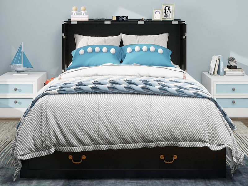 Queen Murphy Bed, Murphy Bed with Drawer Includes Storage Cabinet,USB and Charging Port, Murphy Bed Queen Suit for Guest Room, Black Cabinet Bed Guest Bed