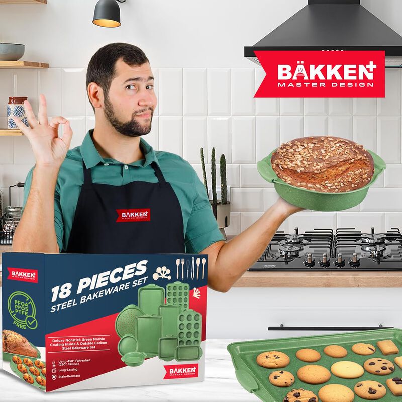 BAKKEN Kitchen Baking Pan Set - Nonstick Coating, Carbon Steel Bakeware Sets with Handles, Baking Kitchen Essentials, PFOA, PFOS, PTFE Free, Oven Safe Tray (Up To 450° F), Set of 18