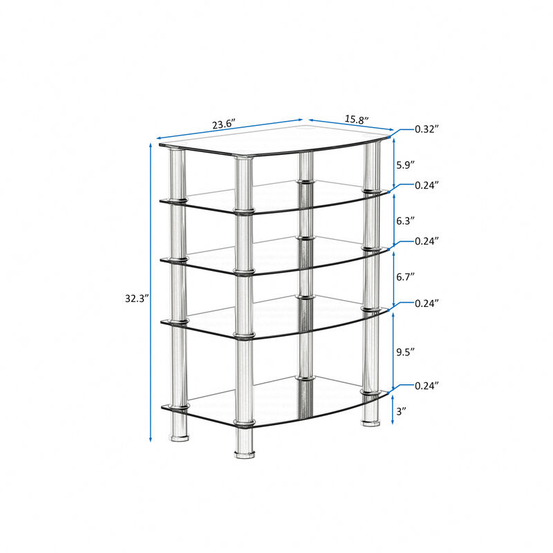 5-Tier Tempered Glass Side Table Stainless Steel Frame End Table For Living Room, Bedroom, Black