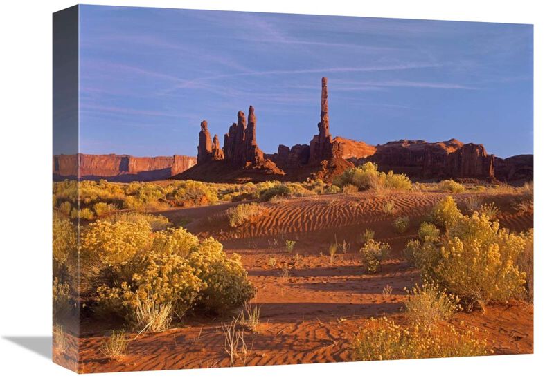 Totem Pole and Yei Bi Chei with sand dunes and shrubs, Monument Valley, Arizona and Utah border-Canvas Art-16x12