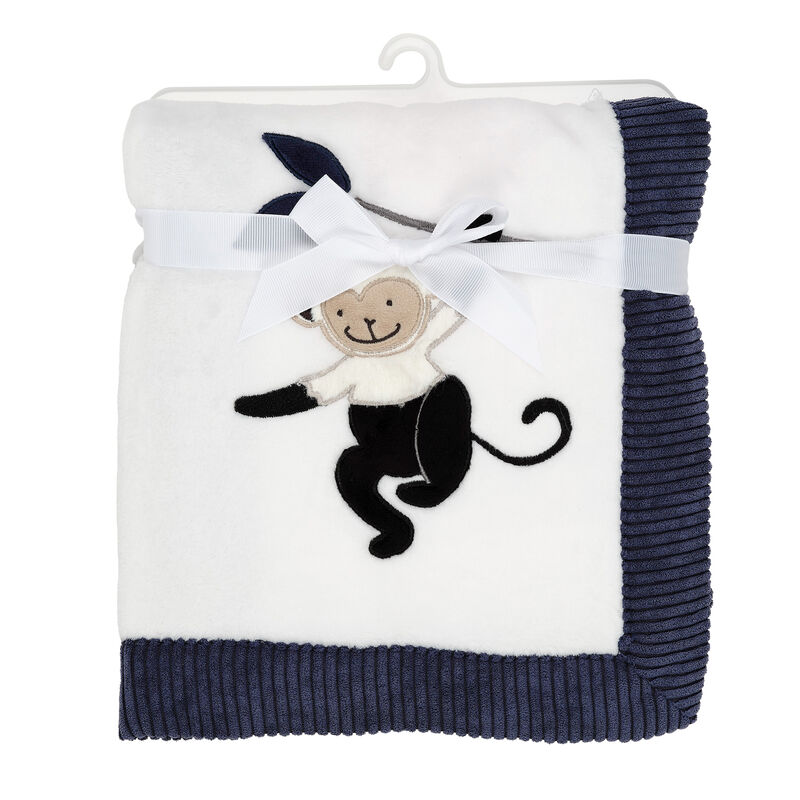 Lambs & Ivy Jungle Party White/Navy Monkey Soft Fleece Baby Blanket