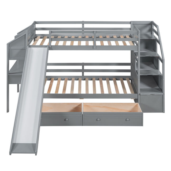 Twin Over Twin Bunk Bed With Storage Staircase, Slide And Drawers, Desk With Drawers And Shelves Twin Over Twin Bunk Bed With Storage Staircase, Slide And Drawers, Desk With Drawers And Shelves