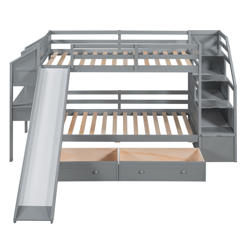 Twin Over Twin Bunk Bed With Storage Staircase, Slide And Drawers, Desk With Drawers And Shelves