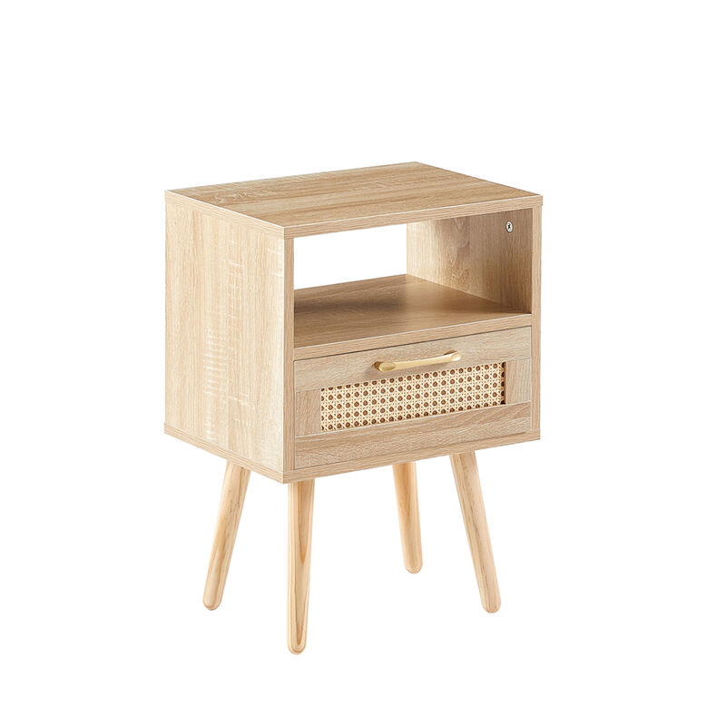 Rattan End table with drawer and solid wood legs, Modern nightstand, side table for living roon, bedroom,natural