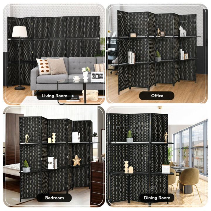 Hivvago 6 Panel Folding Weave Fiber Room Divider with 2 Display Shelves