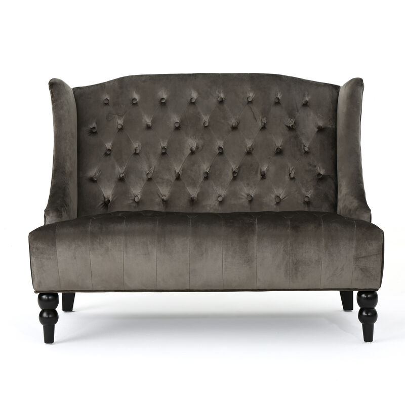 Lanny Loveseat Settee, Wingback Bench 50 Inch Wood, Tufted Gray Velvet - Benzara