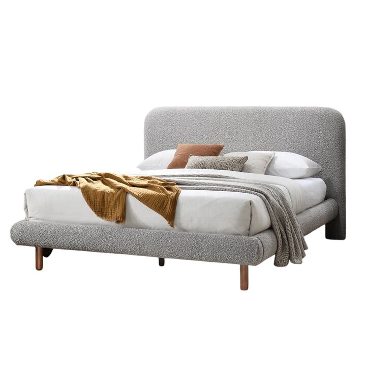 Damazy Queen Bed, Curved Edges, Gray Boucle Upholstery, Brown Wood - Benzara