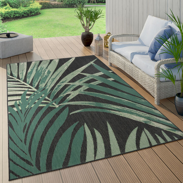 Flatweave Outdoor Rug with Tropical Palm Tree & Jungle Design