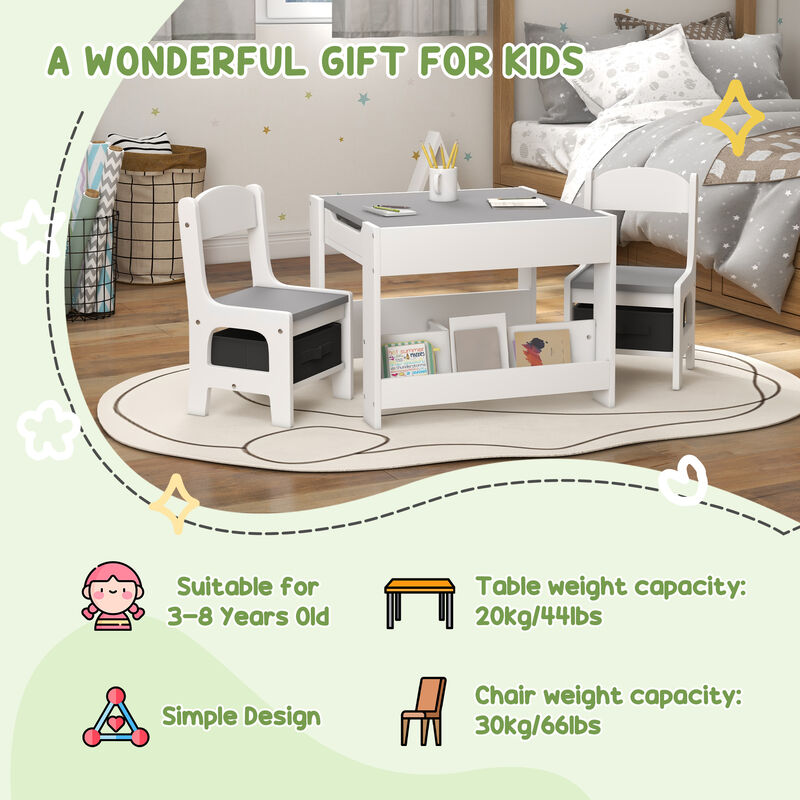 Qaba 3 Piece Kids Table and Chair Set, 3 in 1 Toddler Wooden Activity Table with Reversible Tabletop Blackboard, Storage & Bookshelves for Playroom, Nursery, Natural