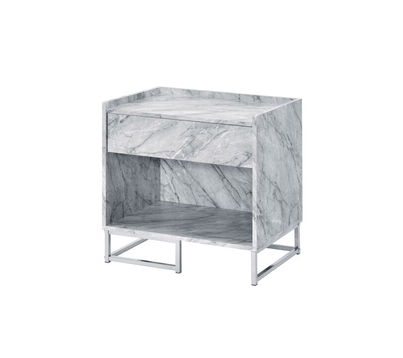ACME Azrael Accent Table, White Printed Faux Marble & Chrome Finish