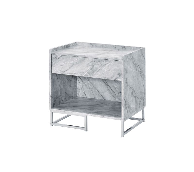 ACME Azrael Accent Table, White Printed Faux Marble & Chrome Finish