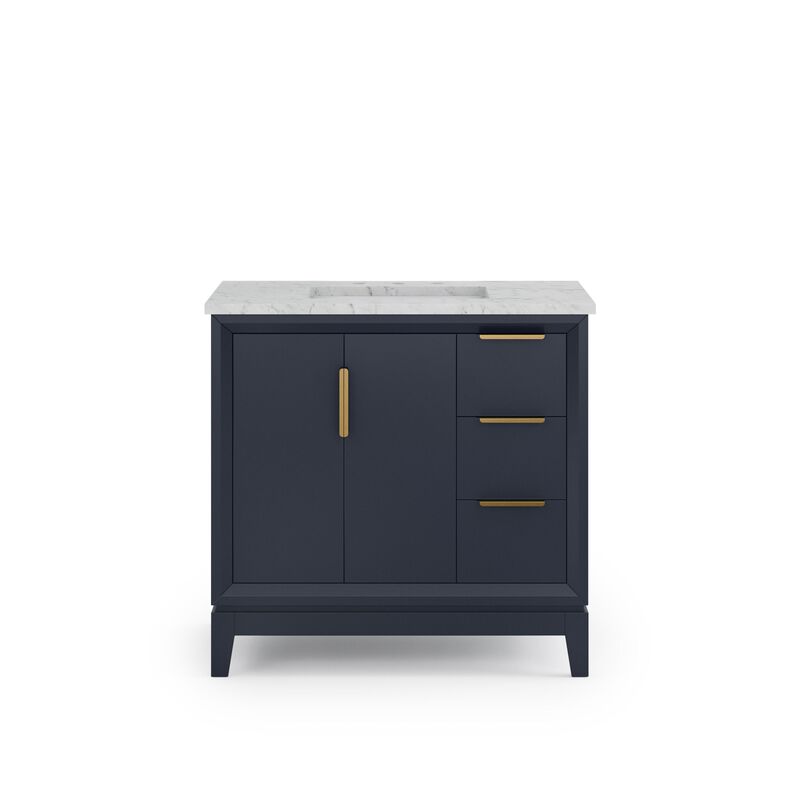 Elizabeth 36 In. Single Sink Carrara White Marble Countertop Bath Vanity In Monarch Blue with Satin Gold Hardware