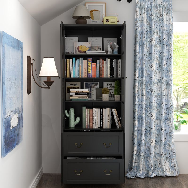 Black Wooden 31.5 in. W Buffet Pantry Cabinet Kitchen Cabinet with Adjustable Shelves and Tempered Glass Doors, Drawers