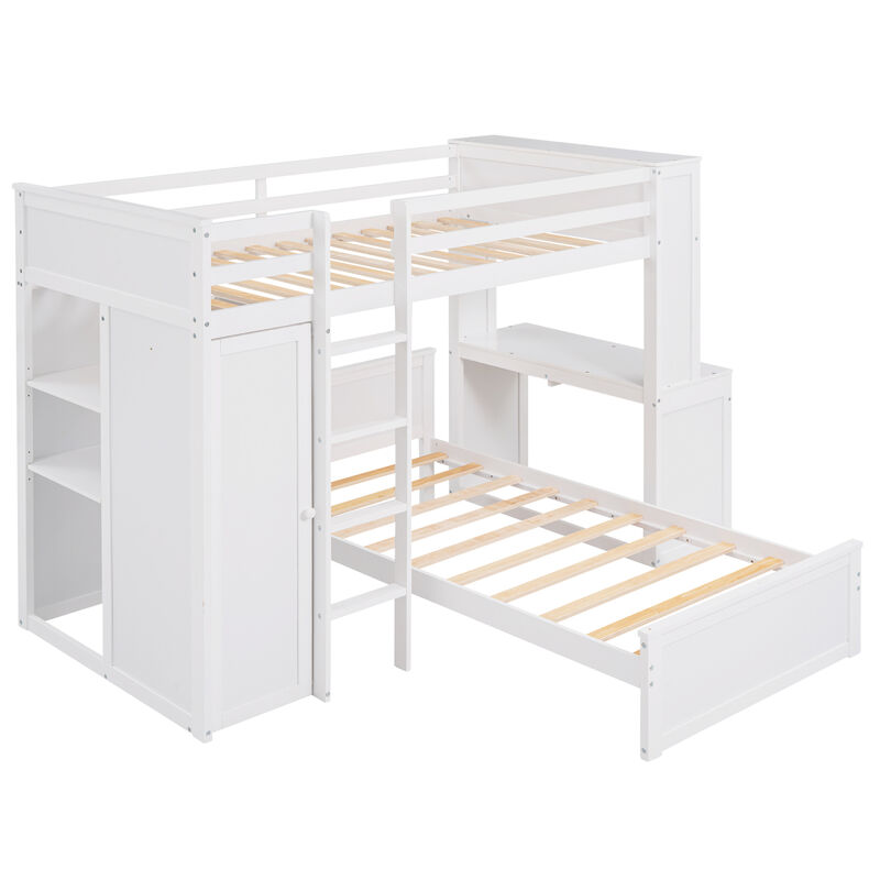 Twin Size Loft Bed With A Stand-Alone Bed, Shelves, Desk, And Wardrobe