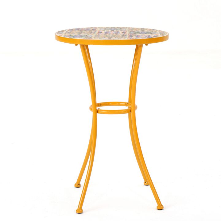 Outdoor Side End Table, 14 Inch Round Yellow Ceramic Tile, Orange Iron - Benzara