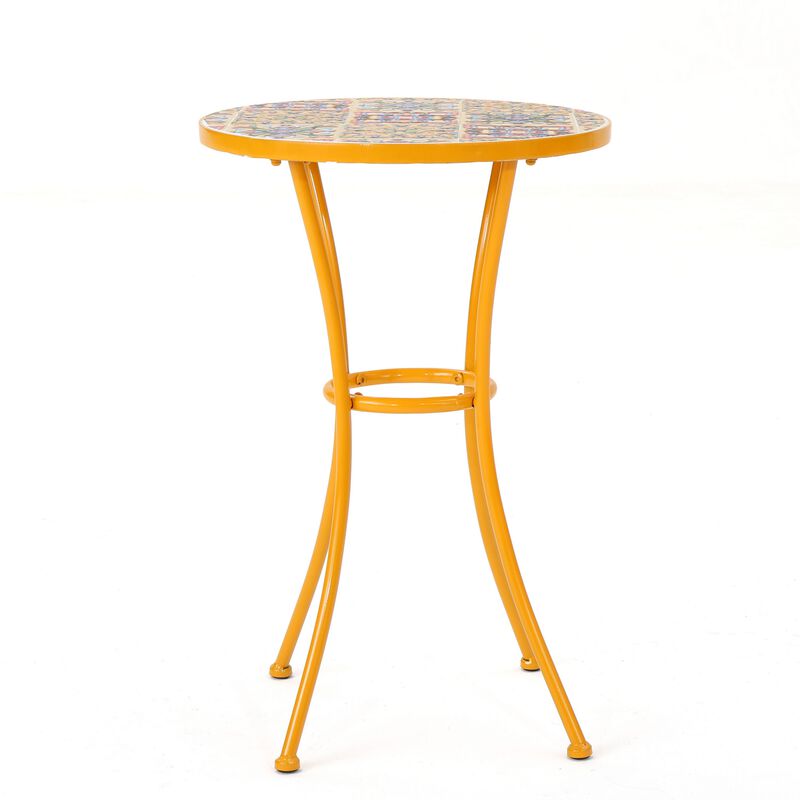 Outdoor Side End Table, 14 Inch Round Yellow Ceramic Tile, Orange Iron - Benzara