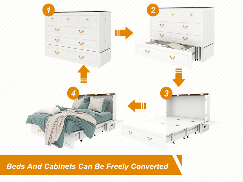 Murphy Bed Cabinet,Murphy Bed Queen with USB, Murphy Bed Cabinet with Drawer,White Cabinet Bed  for Guest Room