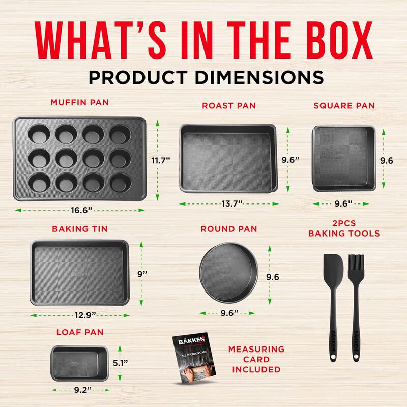 Bakeware Set – 8 Piece – Non-Stick Professional Home Bakeware – Multi Sized Baking Pan Set - Muffin Pan, Loaf Pan and More - Black