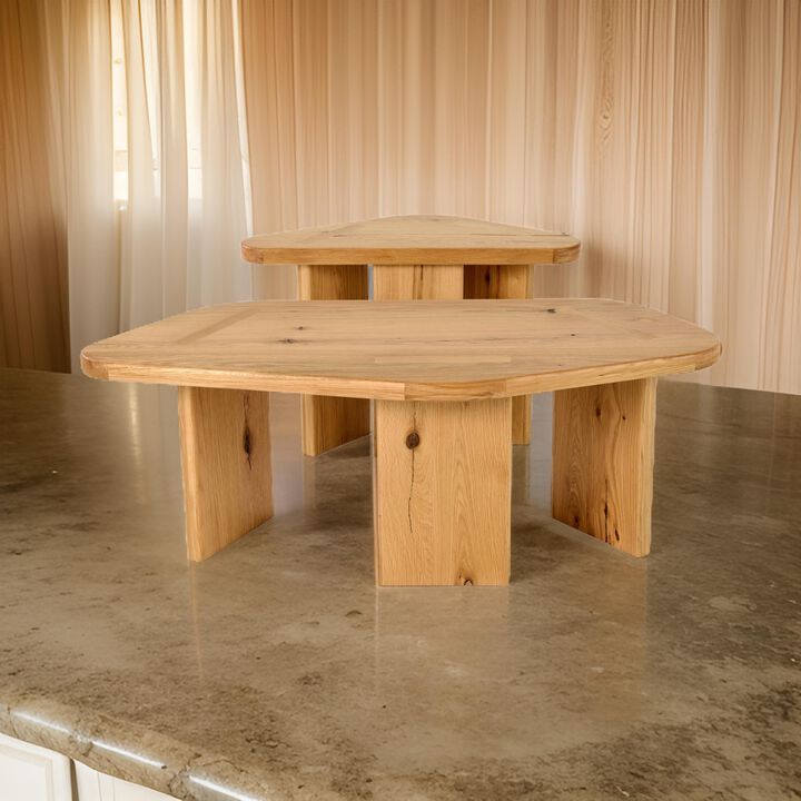 Cid Kirk Coffee Table Set of 2, Freeform Shape, Natural Oak Wood Frame - Benzara
