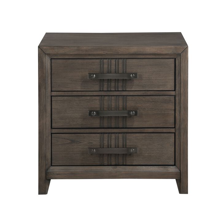 27 Inch Rustic Nightstand, 2 Drawers, Gray Metal Handles, Rich Brown Wood - Benzara