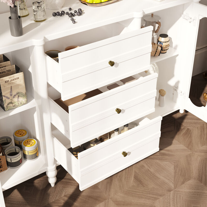 FUFU&GAGA Modern White MDF Storage Cabinet – 3 Spacious Drawers & 2 Glass-Door Compartments, Cylindrical Legs (59.1" W x 15.7" D x 35.4" H), White