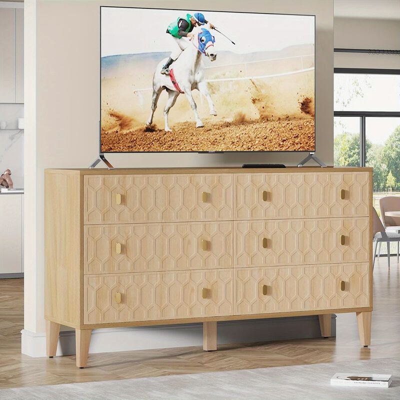 55-Inch Chest Of Drawers, Wood 6-Drawer Double Wide Dresser With Solid Wooden Legs, Large Dresser Chest Cabinet For Closet, Living Room, Entryway