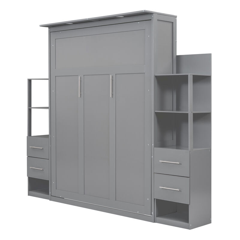 Queen Size Murphy Bed Wall Bed With Shelves, Drawers And LED Lights