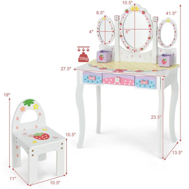 Hivvago Kids Vanity Princess Makeup Dressing Table Chair Set with Tri-fold Mirror
